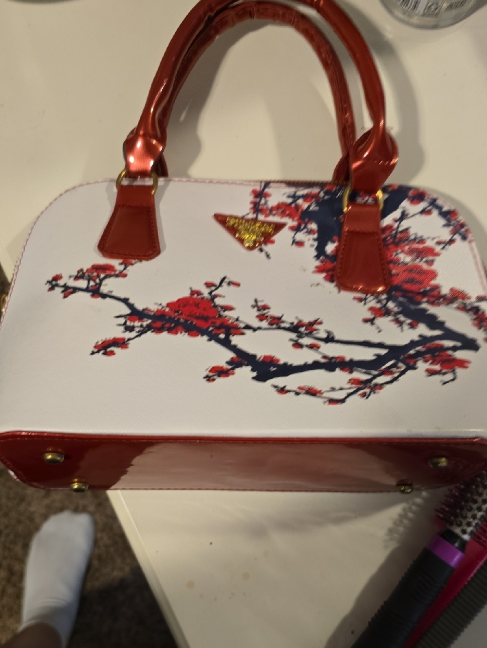 Milano White Satchel with Red and Navy Blossom Accent